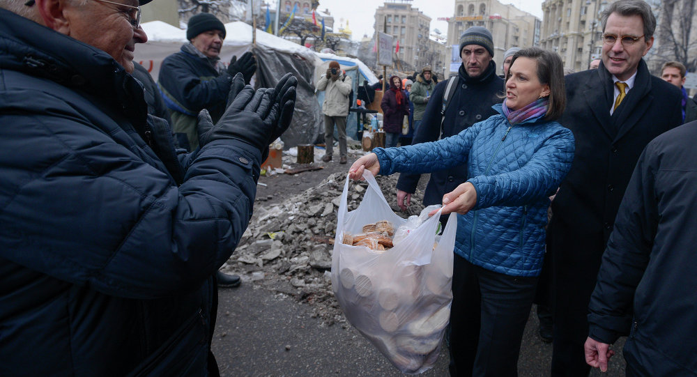 U.S. Assistant Secretary for European and Eurasian Affairs Victoria Nuland and Ambassador to Ukraine Geoffrey Pyatt, offering cookies and (behind the scenes) political advice to Ukraine's Maidan activists and their leaders.