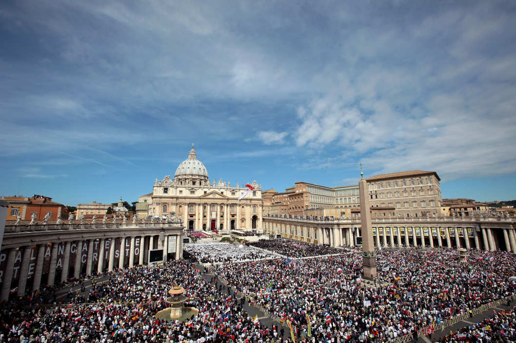 A general view of St. Peter's Square during the John Paul II Beatification Ceremony held by Pope Benedict XVI on May 1, 2011 in Vatican City, Vatican. The ceremony marking the beatification and the last stages of the process to elevate Pope John Paul II to sainthood was led by his successor Pope Benedict XI and attended by tens of thousands of pilgrims alongside heads of state and dignitaries.