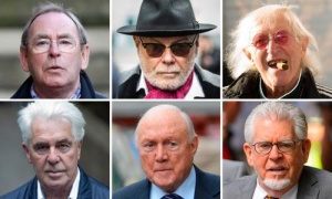 Clockwise from top left: Fred Talbot, Gary Glitter, Jimmy Savile, Rolf Harris, Stuart Hall, Max Clifford