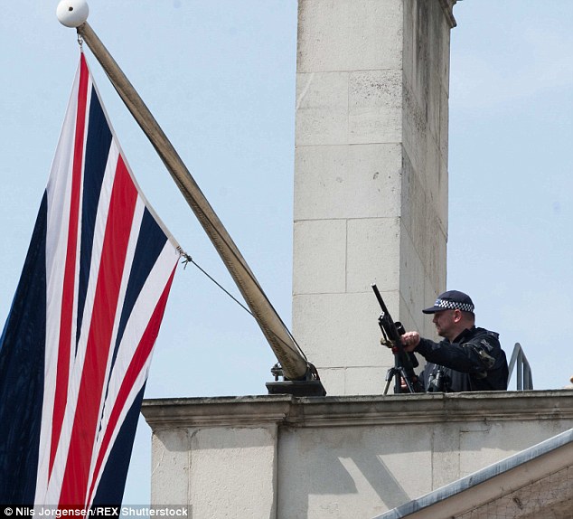 Military snipers (file photo) will be posted on rooftops, road blocks will be erected, and bags will be searched to protect the Queen, Prince of Wales, Prime Minister and thousands of VJ Day veterans