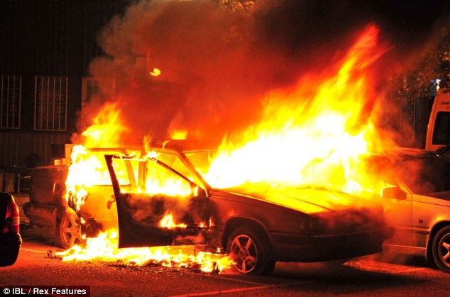 Out of control: Vehicles were set on fire in at least 15 suburbs in Stockholm during yet another night of violence