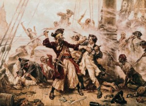 1718 --- The capture of the Pirate, Blackbeard, 1718. Painting by J. L. G. Ferris. --- Image by © Bettmann/CORBIS