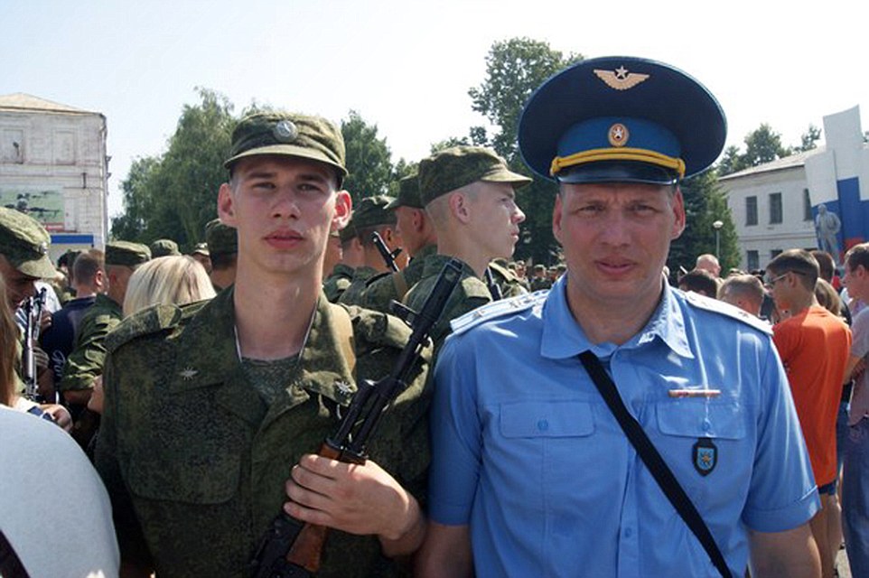 The pilot in the video has since been identified as Sergei Rumyantsev, a major at Shagol air force base near Chelyabinsk, east of the Ural mountains in south-central Russia. He is pictured (right) alongside a young serviceman who it is believed may be his son