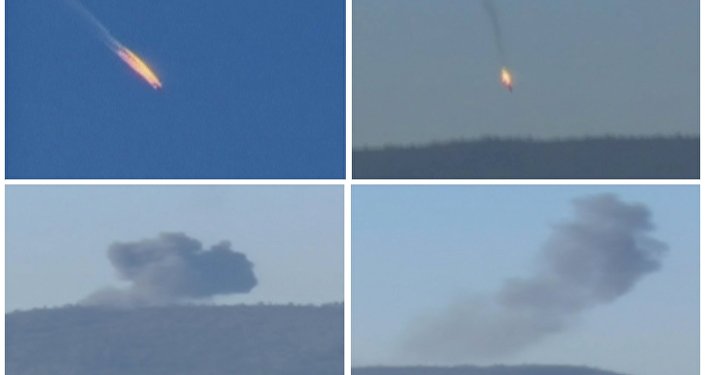A combination picture taken from video shows a war plane crashing in flames in a mountainous area in northern Syria after it was shot down by Turkish fighter jets near the Turkish-Syrian border November 24, 2015