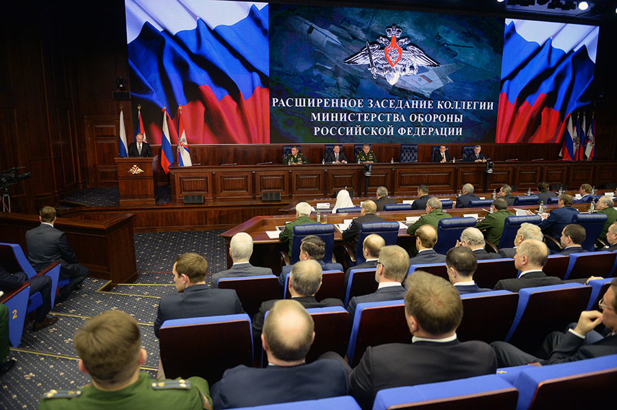 December 11, 2015. President Vladimir Putin speaks at the expanded meeting of Defense Ministry Board at the National Defense Management Center in Moscow. © Grigoriy Sisoev