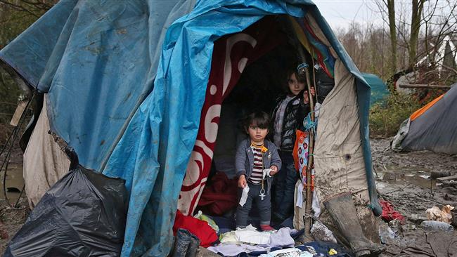 Displaced children in a French refugee camp