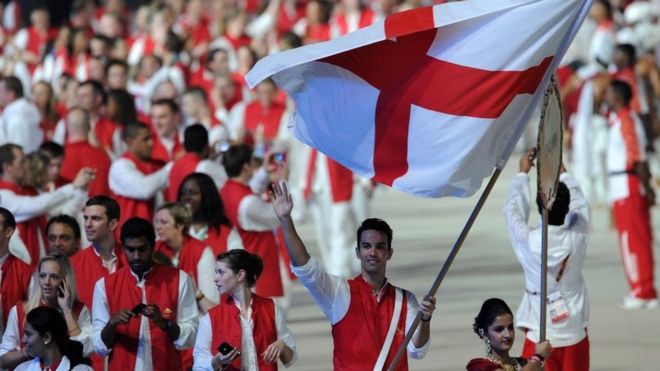 England athletes led by flagbearer Nathan Robertson take part in the opening ceremony of the Commonwealth Games in New Delhi in 2010