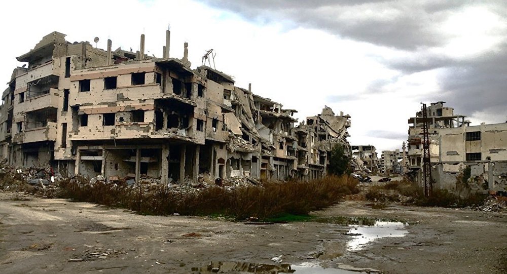 Destroyed buildings in Homs, Syria.