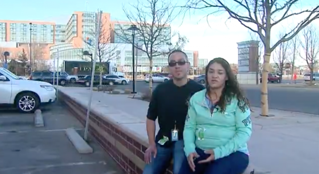 Amylea's parents Nicole and Ernie Nunez outside the Children’s Hospital Colorado. Via: krqe.com.