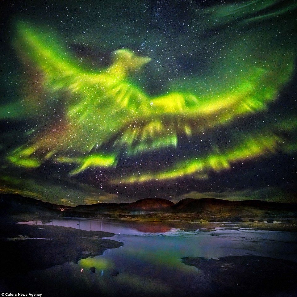 The incredible photograph, taken of the northern lights in Iceland, took the remarkable form of the mythological phoenix bird