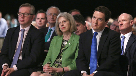 Education Secretary Michael Gove (L), Home Secretary Theresa May (C) and Chancellor George Osborne (2nd R). © Oli Scarff