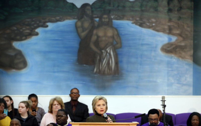 Democratic presidential candidate Hillary Clinton speaks at the House Of Prayer Missionary Baptist Church, Sunday, Feb. 7, 2016 in Flint, Mich. (AP Photo/Paul Sancya)