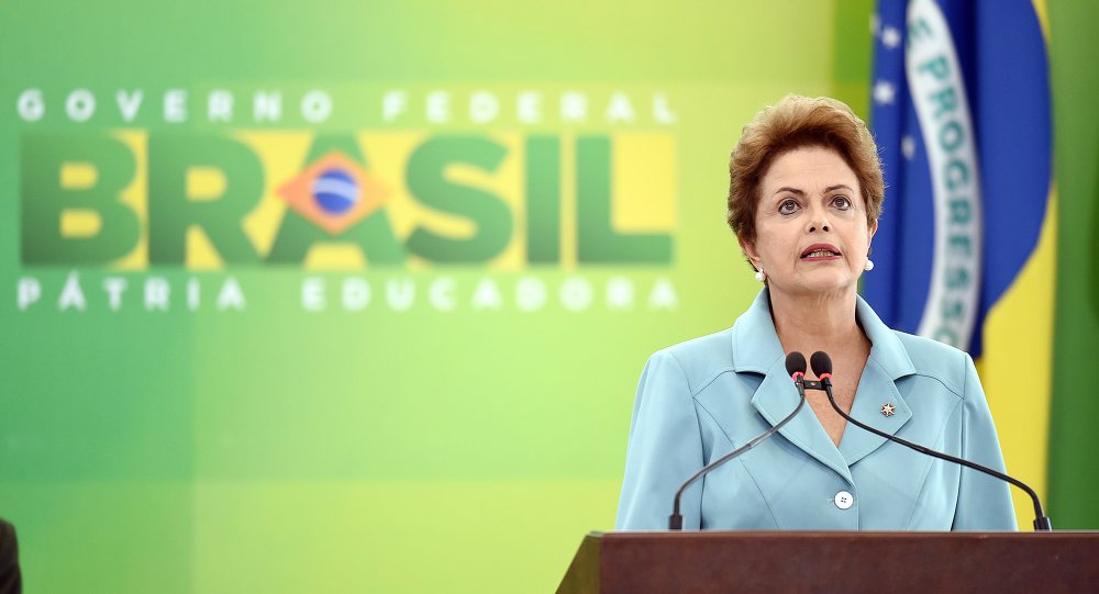 Brazilian President Dilma Rousseff delivers a speech on May 8, 2015, during a ceremony at the Planalto Palace in Brasilia to mark the 70th anniversary of the victory over Nazi Germany during World War II