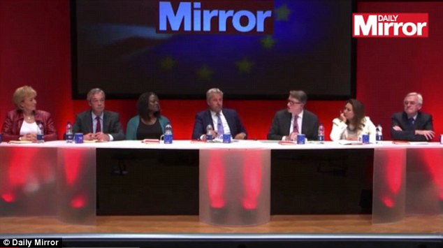 Energy minister Andrea Leadsom (pictured far left alongside Nigel Farage, author Dreda Say Mitchell, host Mark Austin, former Labour minister Lord Mandelson, former Labour spin doctor Ayesha Hazarika and Shadow Chancellor John McDonnell) said the 'out-of-touch immigration has to stop' because it was putting too much strain on public services and forcing down pay for low-paid workers.