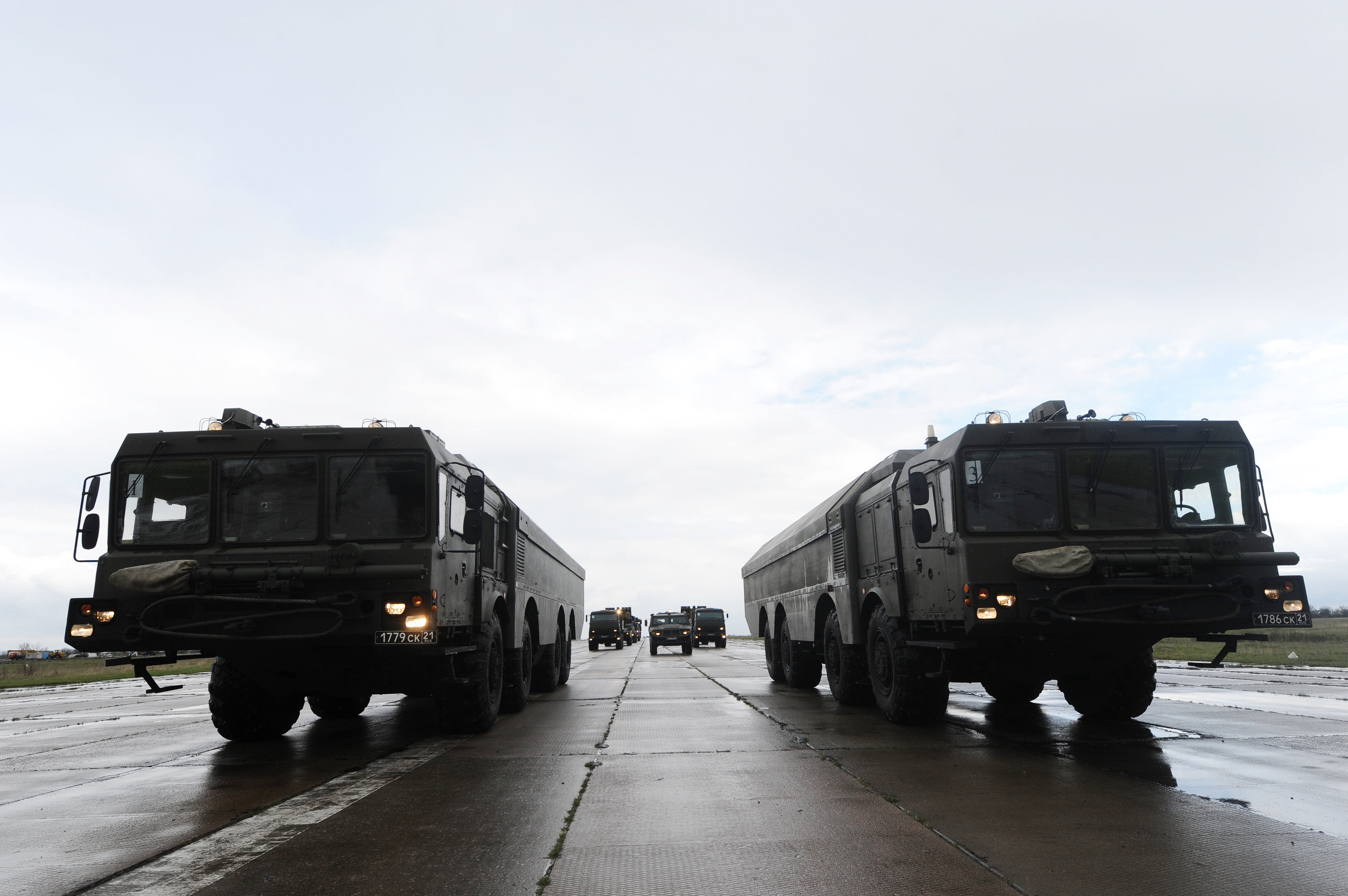 Russia's Bastion-P coastal defense missile system during a parade rehersal.