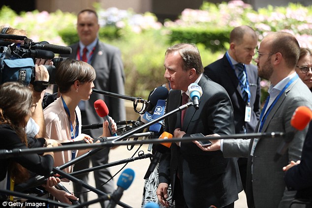 Stefan Lofven, Prime Minister of Sweden speak to the media as he attends a European Council meeting in Brussels, Belgium