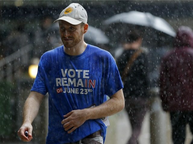 A man wearing a 'Vote Remain' t-shirt walks in the rain in central London on June 23, 2016, as Britain holds a referendum to vote on whether to remain in, or to leave the European Union (EU). Millions of Britons began voting Thursday in a bitterly-fought, knife-edge referendum that could tear up the island nation's EU membership and spark the greatest emergency of the bloc's 60-year history.