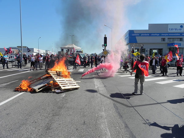 Strikers blockade the road in Besancon, east France