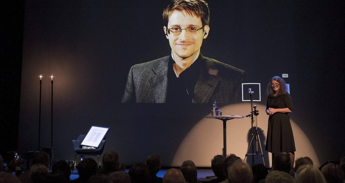 A chair is pictured on stage as former US National Security Agency contractor Edward Snowden.
