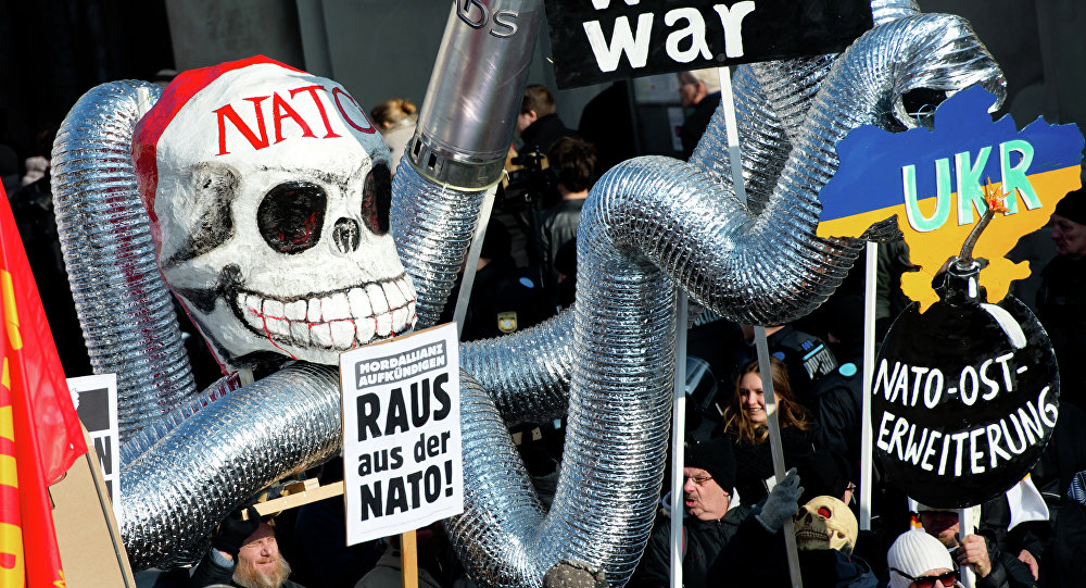 Demonstrators take part in a protest titled There is no Peace with NATO in front of the venue of the 51st Munich Security Conference (MSC) in Munich, southern Germany (File)