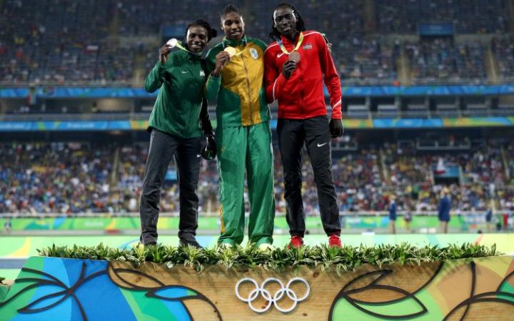 From left: Francine Niyonsaba, who won silver, Caster Semenya, who won gold, and Margaret Wambui, who won bronze, after the women's 800m final at the Rio Olympics