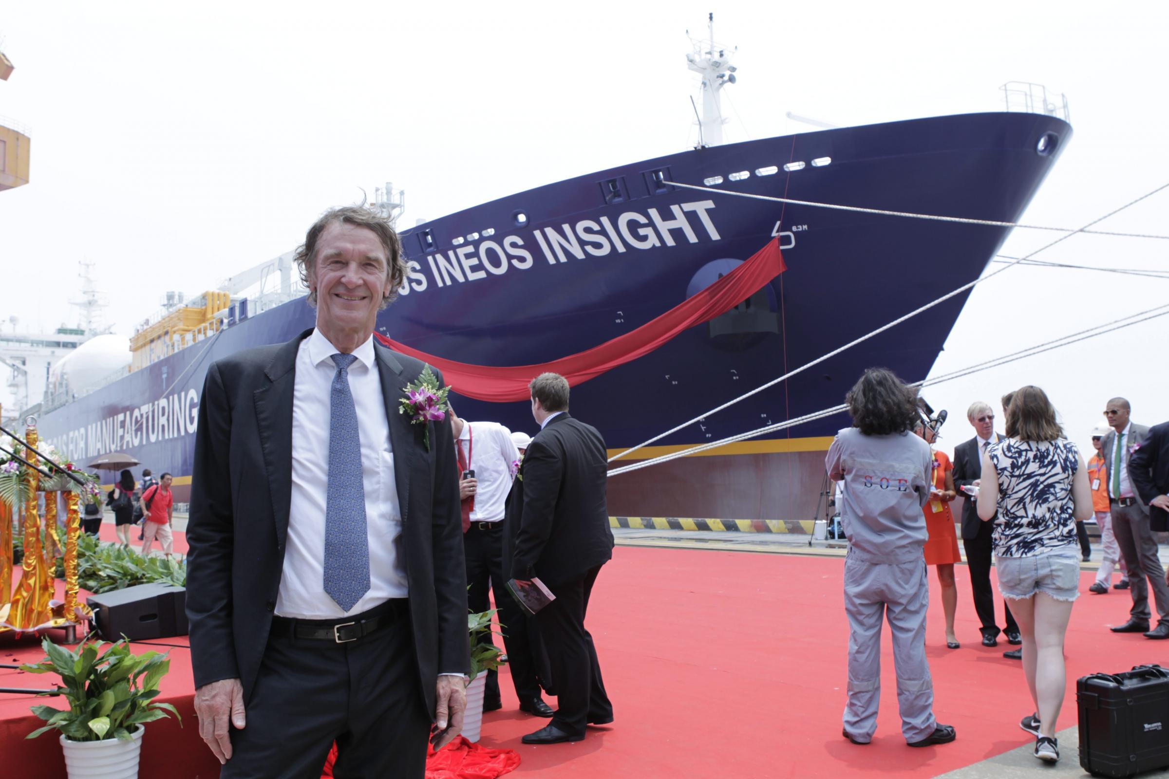 INEOS boss Jim Ratcliffe with one of the giant purpose-built Ineos ships that will transport fracked gas from America to Scotland