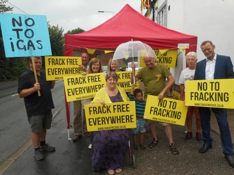 Ant-fracking activists outside Mickle Trafford Village Hall