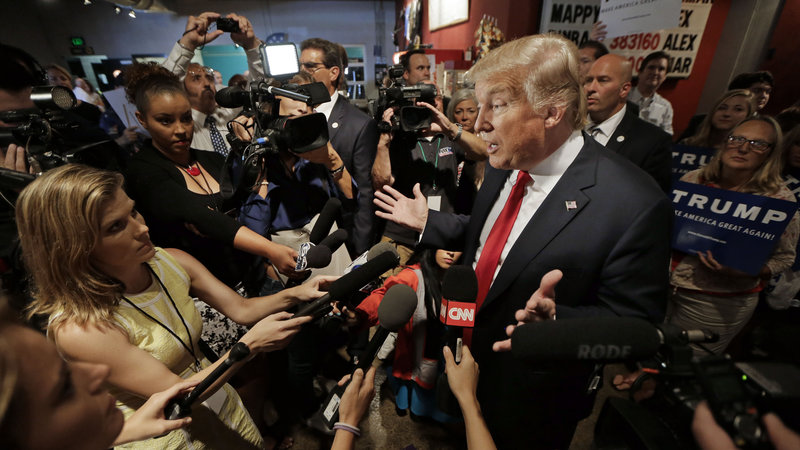 Republican presidential candidate Donald Trump speaks with reporters on Aug. 29, in Nashville, Tenn.