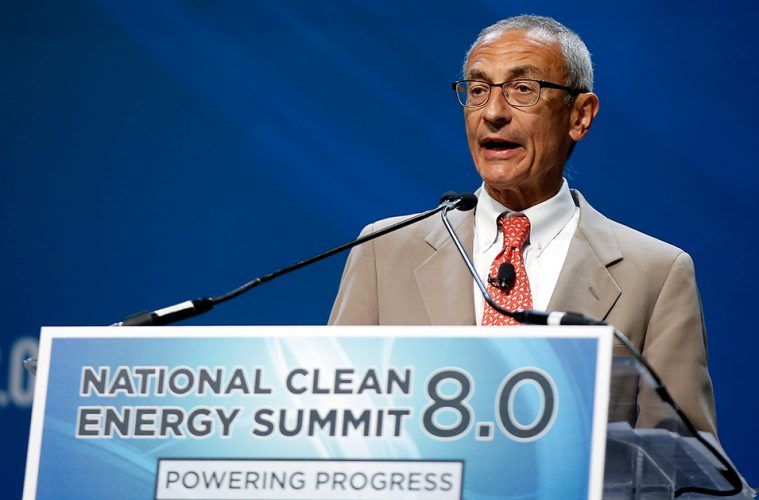 LAS VEGAS, NV - AUGUST 24:  Former counselor to President Barack Obama John Podesta accepts the Clean Energy Project Founders' Award during the National Clean Energy Summit 8.0 at the Mandalay Bay Convention Center on August 24, 2015 in Las Vegas, Nevada.  (Photo by Isaac Brekken/Getty Images for National Clean Energy Summit)