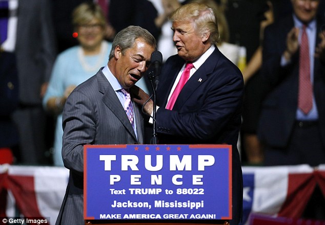 Nigel Farage has helped Donald Trump in his campaign to win the presidency, joining him on stage in Jackson, Mississippi in August, pictured, where the Republican introduced the interim Ukip leader as 'Mr Brexit' 