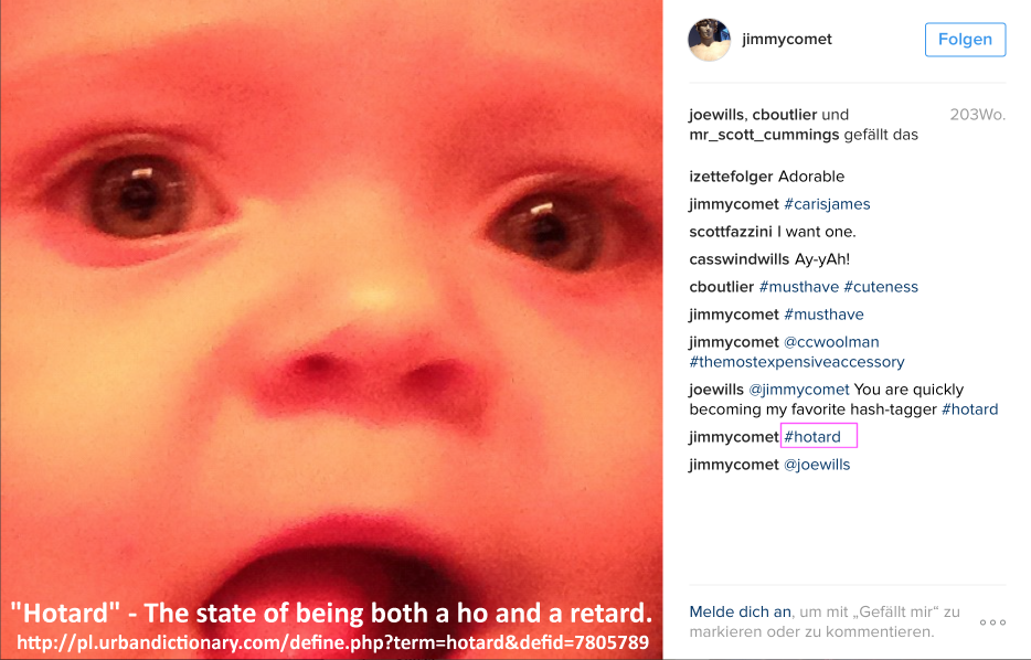 A closeup picture of another baby. jimmycomet's comment is #hotard - which is slang for 'being a ho and a retard'. He posted this next to the picture of an INFANT. 