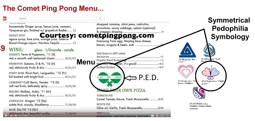 The Comet Ping Pong menu contains a logo that is strikingly similar to the 'child lover' logo used in these circles. Also Play Eat Drink = PED. 