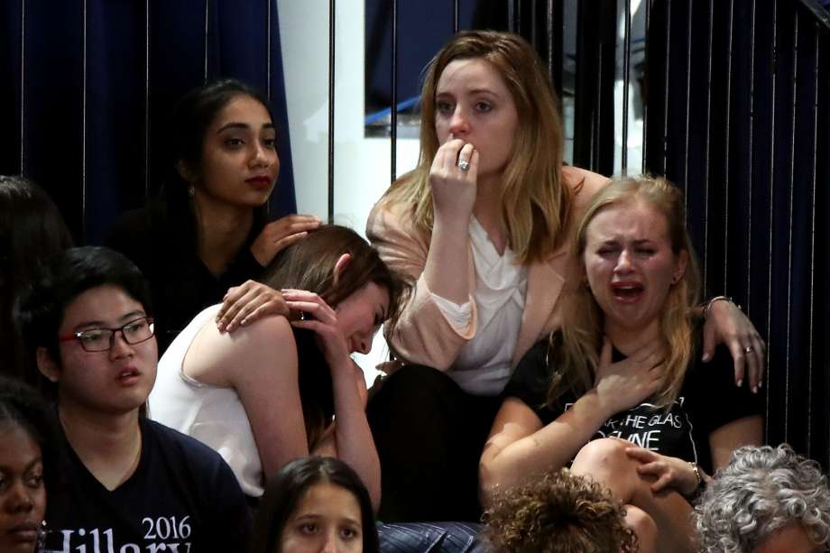 A group of women react as voting results come in at Democratic presidential nominee former Secretary of State Hillary Clinton's election night event at the Jacob K. Javits Convention Center November 8, 2016 in New York City. Clinton is running against Republican nominee, Donald J. Trump to be the 45th President of the United States. Photo: Drew Angerer/Getty Images