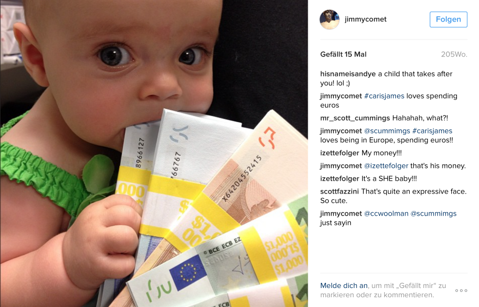 A rather upsetting picture of a baby holding Euros. There is not a guest at the Pizza place, this is happening in Europe? Why is this guy in Europe with a baby spending Euros?