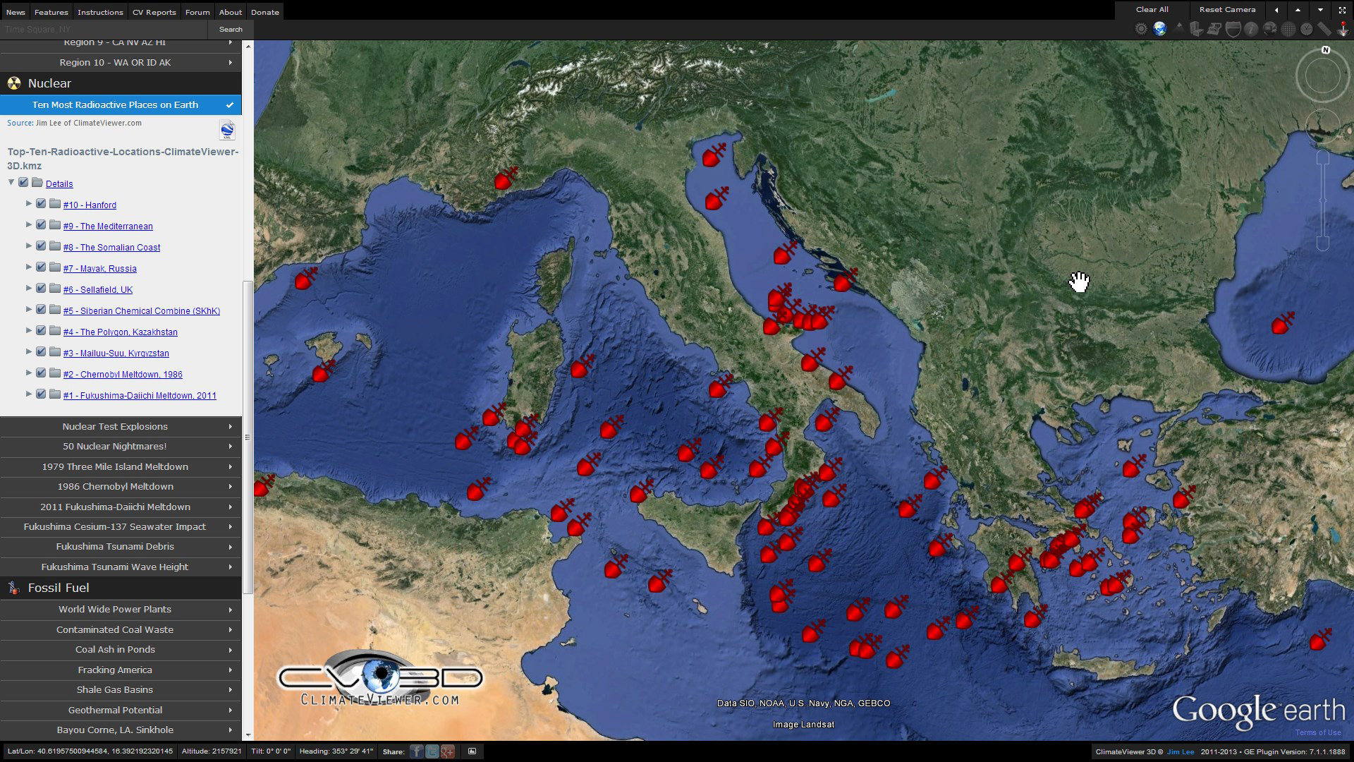 sinkings and incidents in the Mediterranean Sea, involving ships which are suspected of having carried toxic and radioactive waste on ClimateViewer 3D