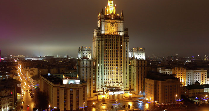 A night view of the Russian Foreign Ministry building in Moscow, Russia, Sunday, March 1, 2015