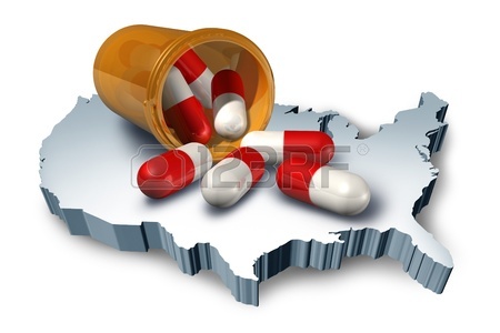 American health care symbol represented by a pill bottle with medicine capsules on a 3d map of the United States of America showing the concept of medical hospital and pharmaceutical system. Stock Photo - 10503753