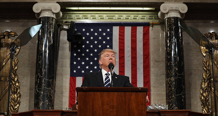 US President Donald J. Trump delivers his first address to a joint session of Congress from the floor of the House of Representatives in Washington, DC, USA, 28 February 2017