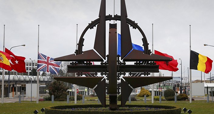 Flags fly at half mast at NATO headquarters in Brussels, March 23, 2016.