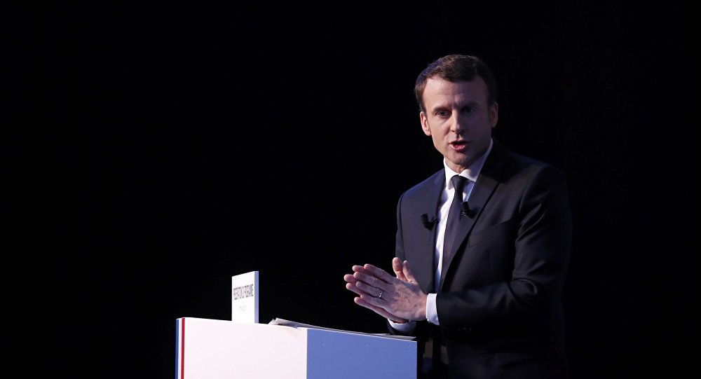 Emmanuel Macron, head of the political movement En Marche !, or Onwards !, and candidate for the 2017 French presidential election, speaks during a news conference to unveil his fully budgeted manifesto, named a contract with the nation, in Paris, France, March 2, 2017