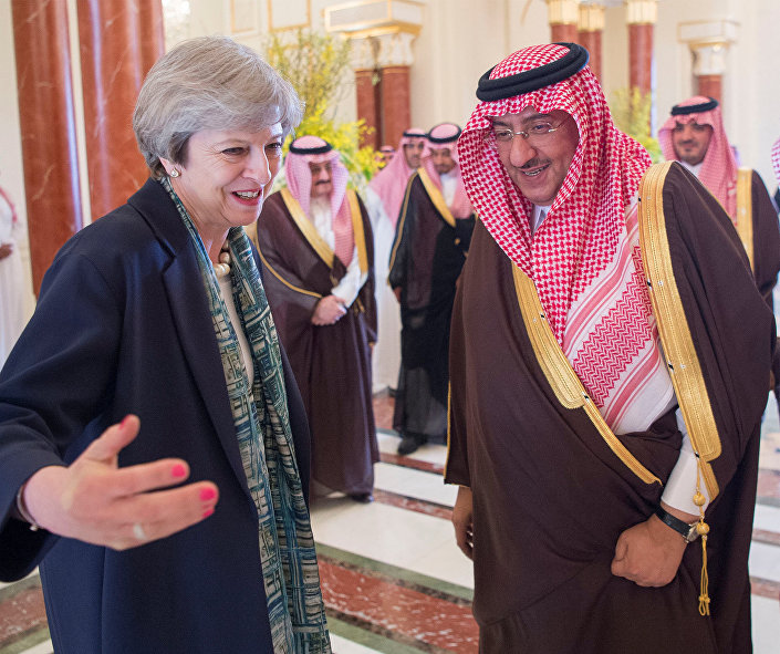 Saudi Arabian Crown Prince Muhammad bin Nayef welcomes British Prime Minister Theresa May in Riyadh, Saudi Arabia, April 4, 2017. 