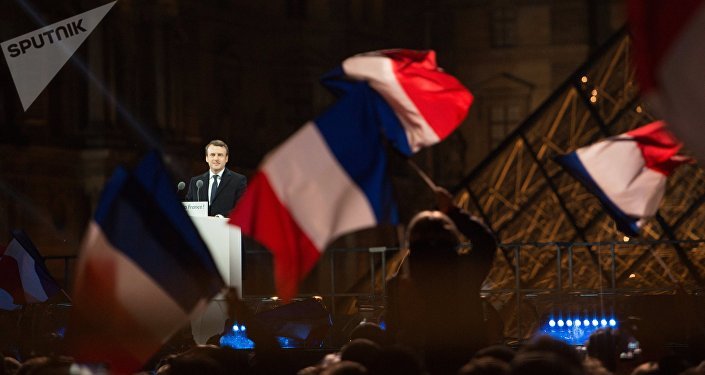 French President elect Emmanuel Macron on the stage at his victory rally near the Louvre in Paris, France May 7, 2017.