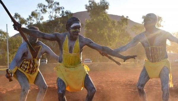 Performers from East Arnhem Land dance during the opening ceremony for the National Indigenous Constitutional Convention, a three day conference designed to come up with a consensus response on how indigenous people should be recognized in Australia