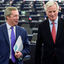 European commission member in charge of Brexit negotiations with Britain, French Michel Barnier (R) speaks with Member of the European Parliament and former leader of the anti-EU UK Independence Party (UKIP) Nigel Farage