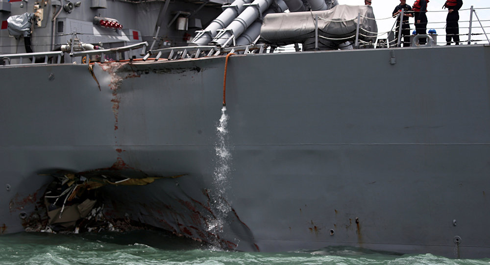 The U.S. Navy guided-missile destroyer USS John S. McCain is seen after a collision, in Singapore waters August 21, 2017.