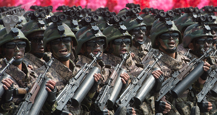 Soldiers during a military parade marking the 105th birthday of Kim Il-Sung, the founder of North Korea, in Pyongyang
