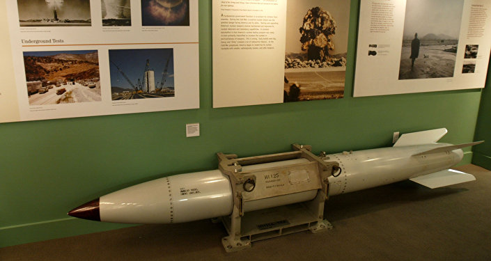 An empty B61 multipurpose thermonuclear tactical bomb is on display at the Atomic Testing Museum in Las Vegas. (File)