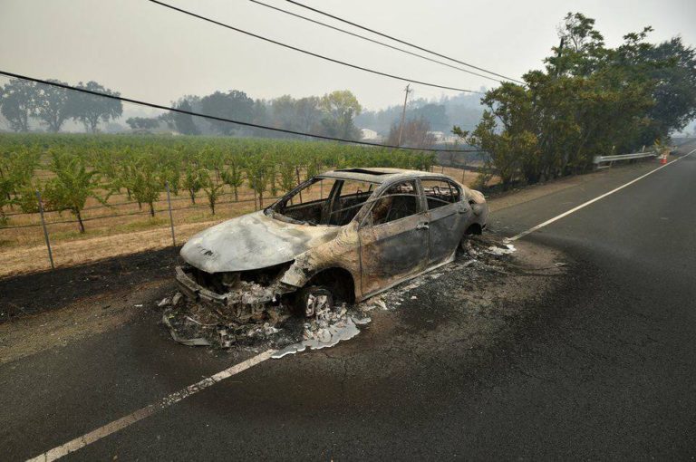 California ‘fires’. Cars melt while leaves on nearby trees are untouched.