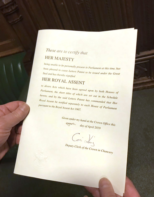 Handout photo from the Twitter page of Yvette Cooper of the Royal Assent for her cross party bill. Photograph: Yvette Cooper/Twitter/PA Wire .