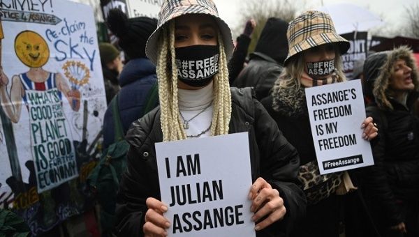 Supporters of WikiLeaks founder Julian Assange during a protest, London, UK, Feb. 24, 2020.